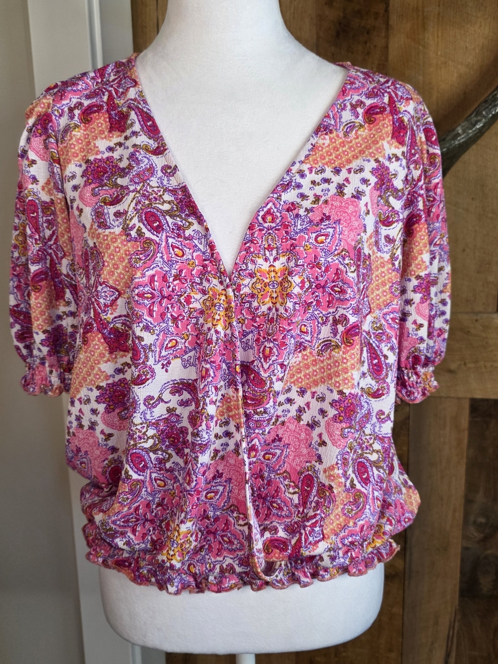Melloday Pink Paisley Boho Peasant Blouse Size M Ruffle Hem Cottagecore